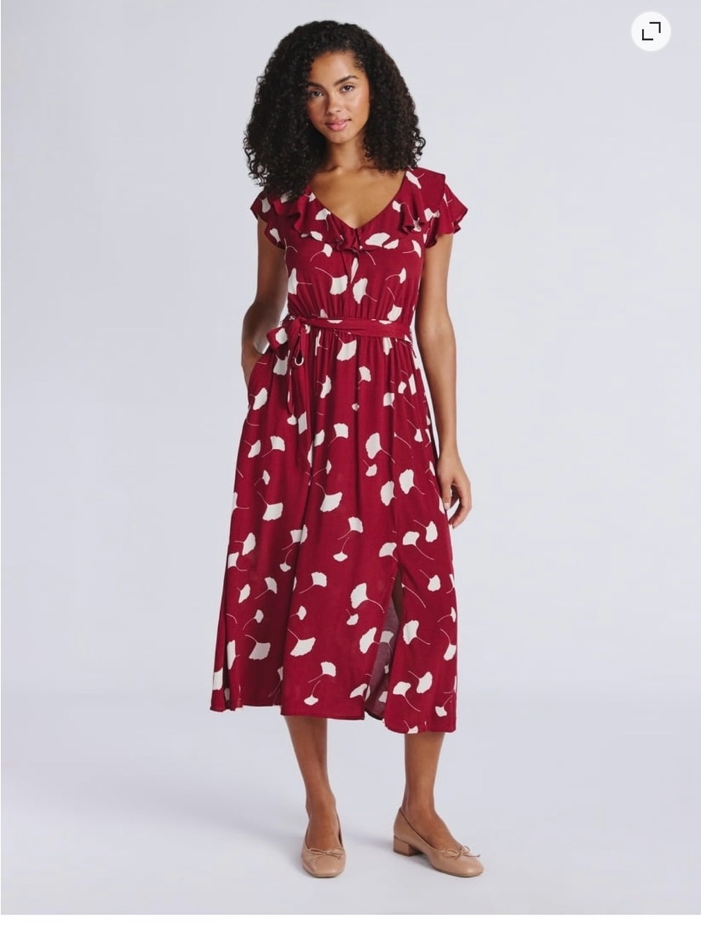 Women’s Red Floral Midi Dress with Ruffle Neckline
